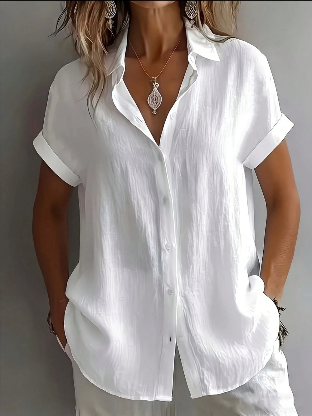 Classic White Short Sleeve Button Down Up Shirt Top Blouse